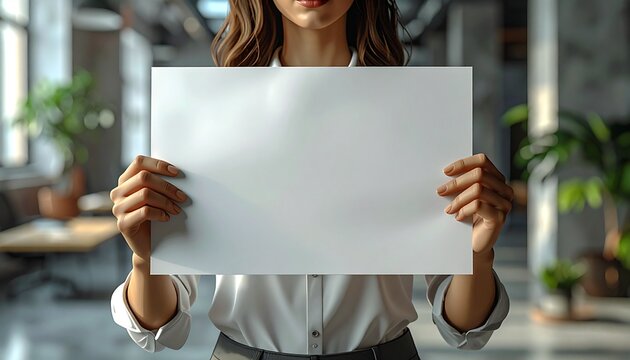 busto di donna adulta con una camicia bianca elegante, che regge di fronte a se un foglio di carta bianco e vuoto, ambiente d'ufficio di giorno, su sfondo sfuocato