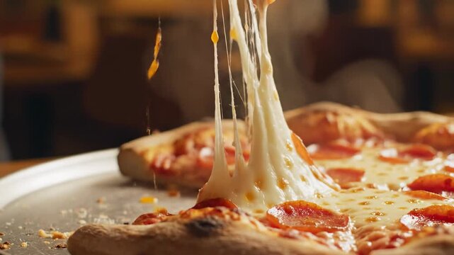 Fresh pizza is served with melted cheese and pepperoni at a local restaurant during evening hours