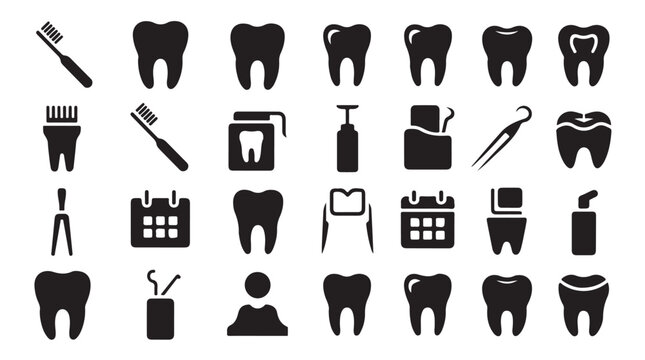 Dental hygiene icons including toothbrushes floss dispensers calendars and molar graphics.
