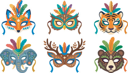 Fototapeta premium Decorative Carnival Animal Masquerade Masks Vector Design Set