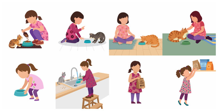 Little girl taking care of her pet cat, set of flat vector illustrations of feeding, cleaning, and petting