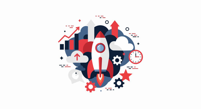Startup Rocket Launch Flat Vector Illustration Representing Business Growth, Success, and Project Management Strategy