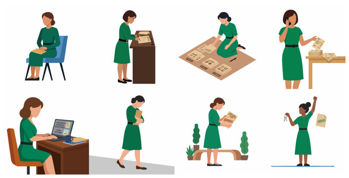 Businesswoman managing financial documents, loan application and mortgage approval process vector illustration set