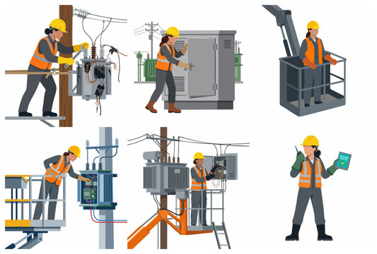 Set of Professional Female Electricians and Lineworkers Repairing Power Lines and Electrical Transformers