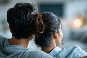 Naklejka premium Asian couple watching television together from behind at home, ideal for diverse family lifestyle and shared leisure concepts.