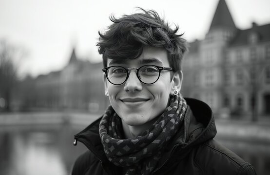 Young man with glasses and scarf smiles outside. Black and white analog photo shows his stylish look with dimples and short hair. He wears a jacket in urban setting.