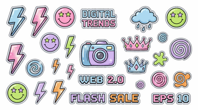 A vibrant collection of retro-style cartoon stickers featuring lightning bolts, smiley faces, a camera, crowns, and text like 'DIGITAL TRENDS' and 'WEB 2.0' in pastel colors.