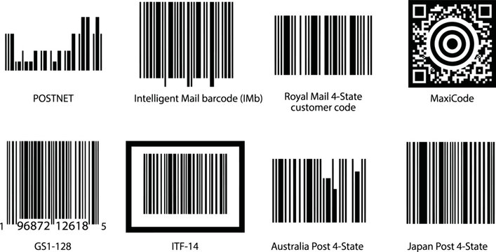Universal barcode collection with 8 postal and shipping codes, professional logistics identification symbols, industrial tracking barcode vector set