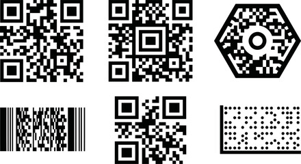 Fototapeta premium QR code and barcode set, 6 digital scanning icons in black and white, data matrix and hexagonal code vector elements for product tracking