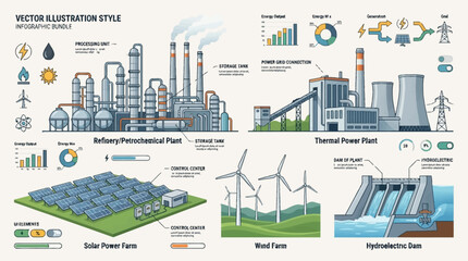 Obraz premium Infographic illustrating various energy production methods including refinery, thermal, solar, wind, and hydroelectric power plants with related icons and data.