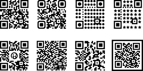 Fototapeta premium QR code collection with 8 unique vector designs, digital barcode set for mobile scanning, black and white matrix symbols for marketing and retail