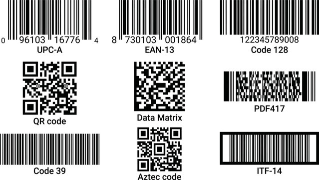 Universal barcode and QR code collection, 9 retail scanning symbols including UPC-A and EAN-13, digital data matrix and Aztec code vector set