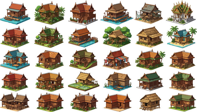 Set of isometric tropical wooden stilt houses and waterfront rustic bungalow building illustrations