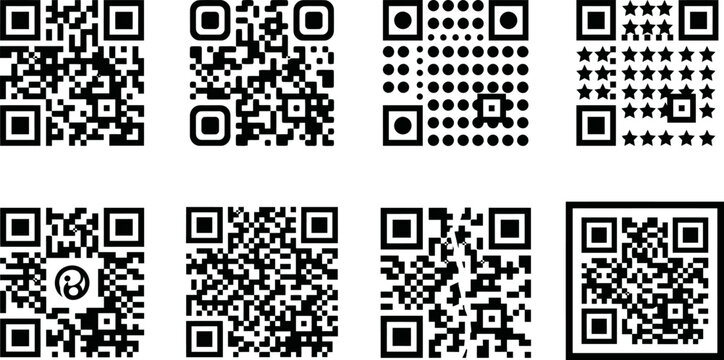 QR code collection with 8 unique vector designs, digital barcode set for mobile scanning, black and white matrix symbols for marketing and retail