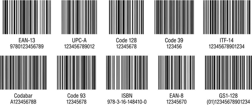 Universal barcode collection with 10 vector icons, retail product identification labels, industrial scanning code set for logistics and inventory tracking