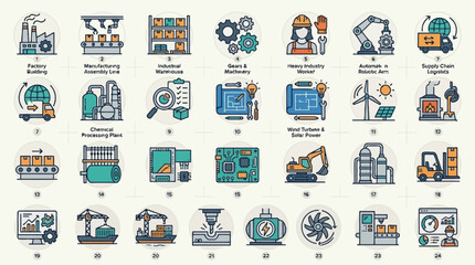 Fototapeta premium A collection of industrial and manufacturing process icons, including factory, machinery, energy, and logistics symbols.