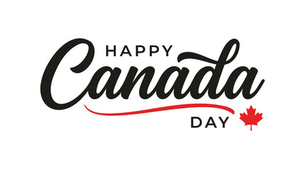 Happy Canada Day lettering with maple leaf and red accent on a white background for national celebrations © Babla