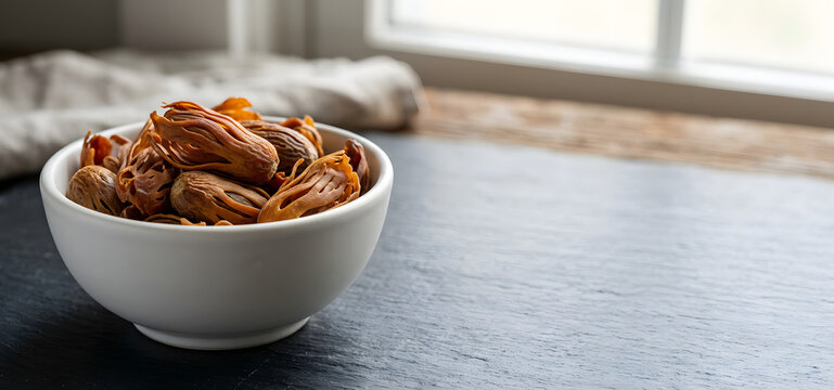 Whole Dried Mace Spice Arils in White Bowl on Dark Countertop
