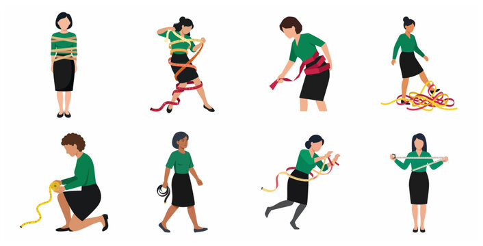 Businesswoman with measuring tape illustrations representing performance metrics, standards and corporate constraints