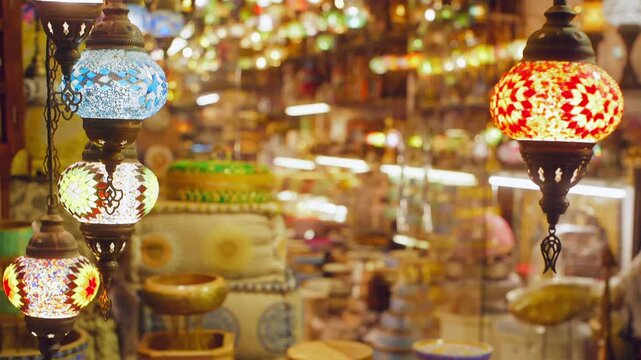 Colorful hand blown glass mosaic lamps with intricate geometric patterns illuminate inside traditional Middle Eastern bazaar, blurred shop background with warm golden lighting.