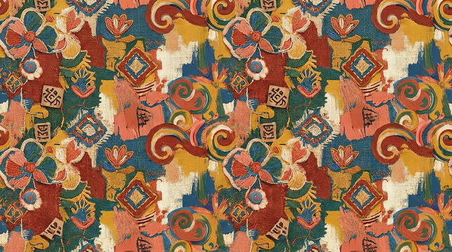 Expressionist abstract floral pattern with impasto brushstrokes and textured geometric shapes.