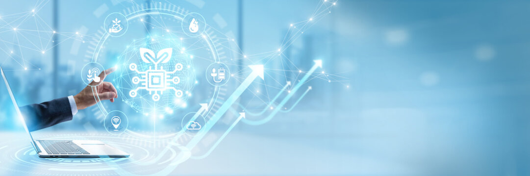 Businessman touching virtual interface with agriculture technology and smart farming automation networking. Precision agritech data analytics, sustainable crop monitoring, IoT sensor tracking