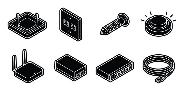 Network hardware connectivity tools and equipment line icons, Wireless technology routers cables connectivity accessories