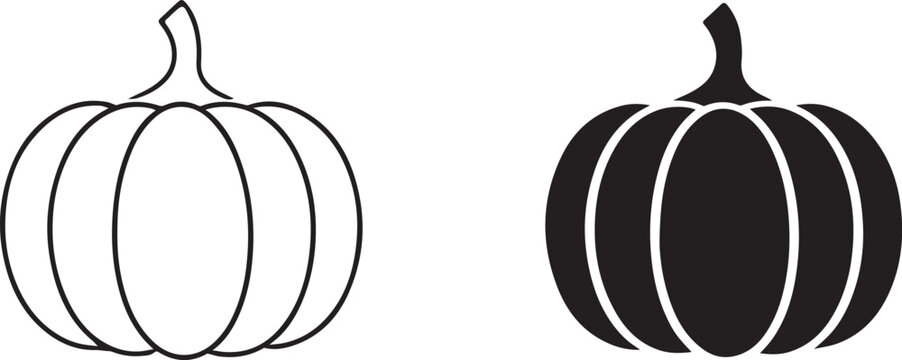 Pumpkin squash Halloween Thanksgiving icon silhouette and outline line art.