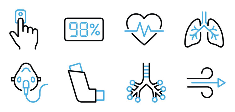Respiratory health and medical monitoring symbols with vector, Lungs pulse oxymeter inhaler and oxygen mask line icons set