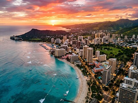 Waikiki sunset aerial view honolulu cityscape and beach