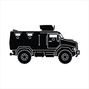 Armored military vehicle vector icon. Tactical armored personnel carrier silhouette. MRAP vehicle side view flat illustration