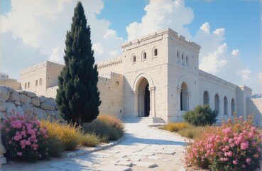 Fototapeta premium Pale stone building with arched entryway and cypress tree. Pathway leads to ancient structure, flowering bushes flank stone wall. Sunny day with light clouds above.