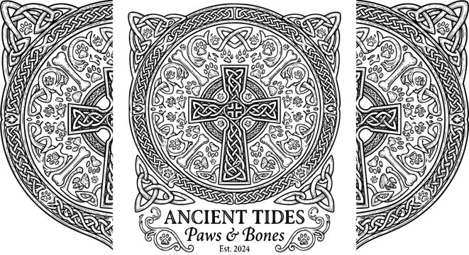 paw print pattern, dog bone pattern, celtic paw, ornate animal pattern, black and white pattern, pet lover design, decorative paw art, letter A paw, hand drawn outline engraving vector illustration de