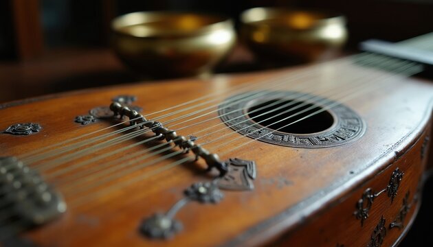 Antique wooden instrument with many strings rests on table. Musical tool with ornate metal details and round soundhole. Buddhist bowls are in background.