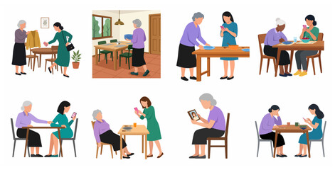 Social issues and generational gap illustration set showing elderly loneliness and smartphone addiction between mother and daughter in various household scenes