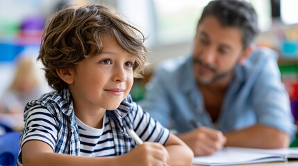 Obraz premium Anonymous friendly teacher helping a Latin boy and talking to him while sitting near his desk in an elementary school, educator support concept, faceless, defocused, with copy