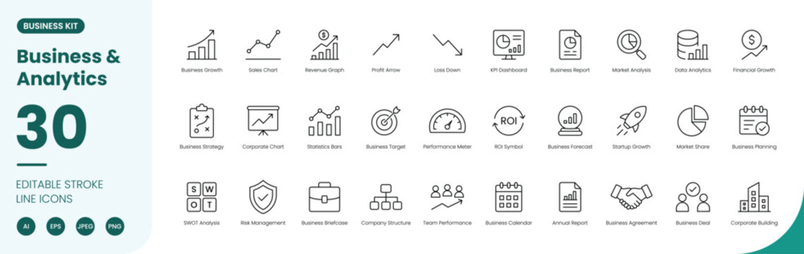 business analytics icon line style finance growth editable stroke vector set