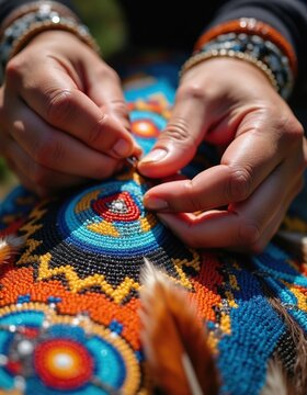 Indigenous person meticulously crafts colorful beadwork. Hands create intricate floral patterns with tiny beads. Traditional Native American artform flourishes.