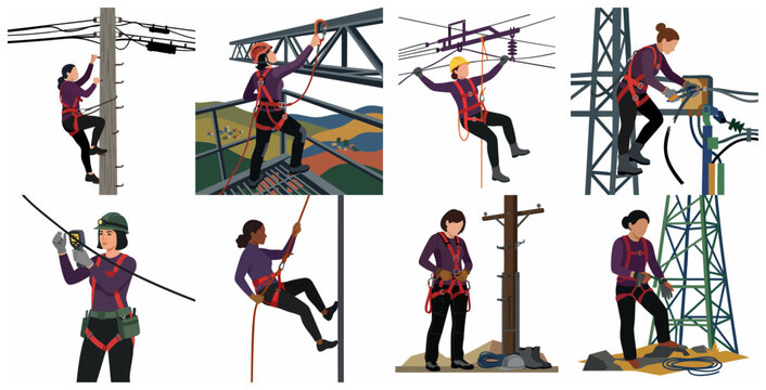 Set of diverse female lineworkers performing high-altitude maintenance on power lines and electrical towers, wearing safety harnesses and helmets, flat vector illustration.