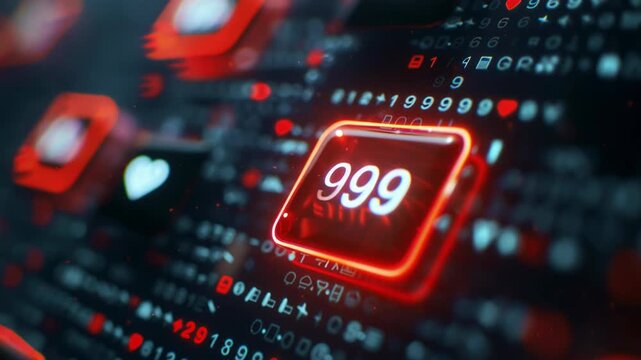 Glowing number 999 on digital interface screen. Abstract data analysis and modern technology notification counter. Statistics display with neon red light effect.