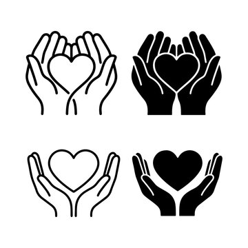 Heart hands icons, love symbols, care illustrations, charity graphics