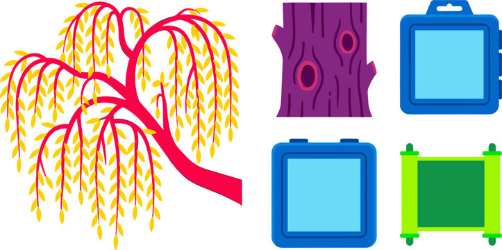 Fantasy Game Asset Vector Set Featuring Weeping Willow Tree Purple Tree Trunk Bark Blue UI Frames and Green Magic Scroll Banner Icons