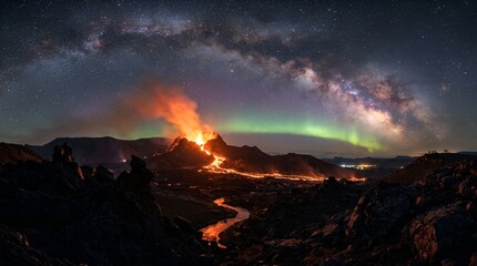 Fototapeta premium Volcanic Eruption Under Milky Way & Aurora Borealis, Iceland Landscape