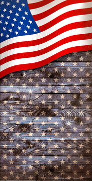 USA flag waving on old grunge wooden textured wall background, 4th of july Independence Day vintage wild west styled vertical wallpaper, retro patriotic concept for american 250th anniversary holiday.