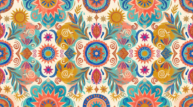 Mexican talavera style floral mandala pattern with sun and leaf motifs.