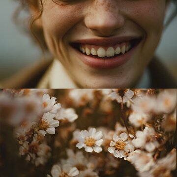 Close-up of a smiling person with freckles and a vibrant dimple alongside a detailed shot of delicate white flowers in warm light.
