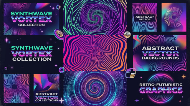 A collection of abstract synthwave vortex graphics with vibrant neon colors and retro-futuristic designs.
