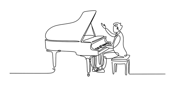 Continuous single line drawing of a musician playing the grand piano at a concert Vector, illustration