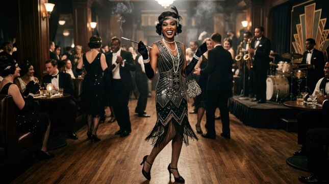 A woman in a flapper dress dancing in a dimly lit, elegant ballroom with a band playing in the background.