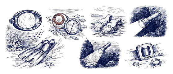 Vintage scuba diving gear sketch set illustrating retro underwater equipment for marine exploration and adventure featuring diving mask, fins, pressure gauge, life vest, flashlight, and weight belt. © Dinali